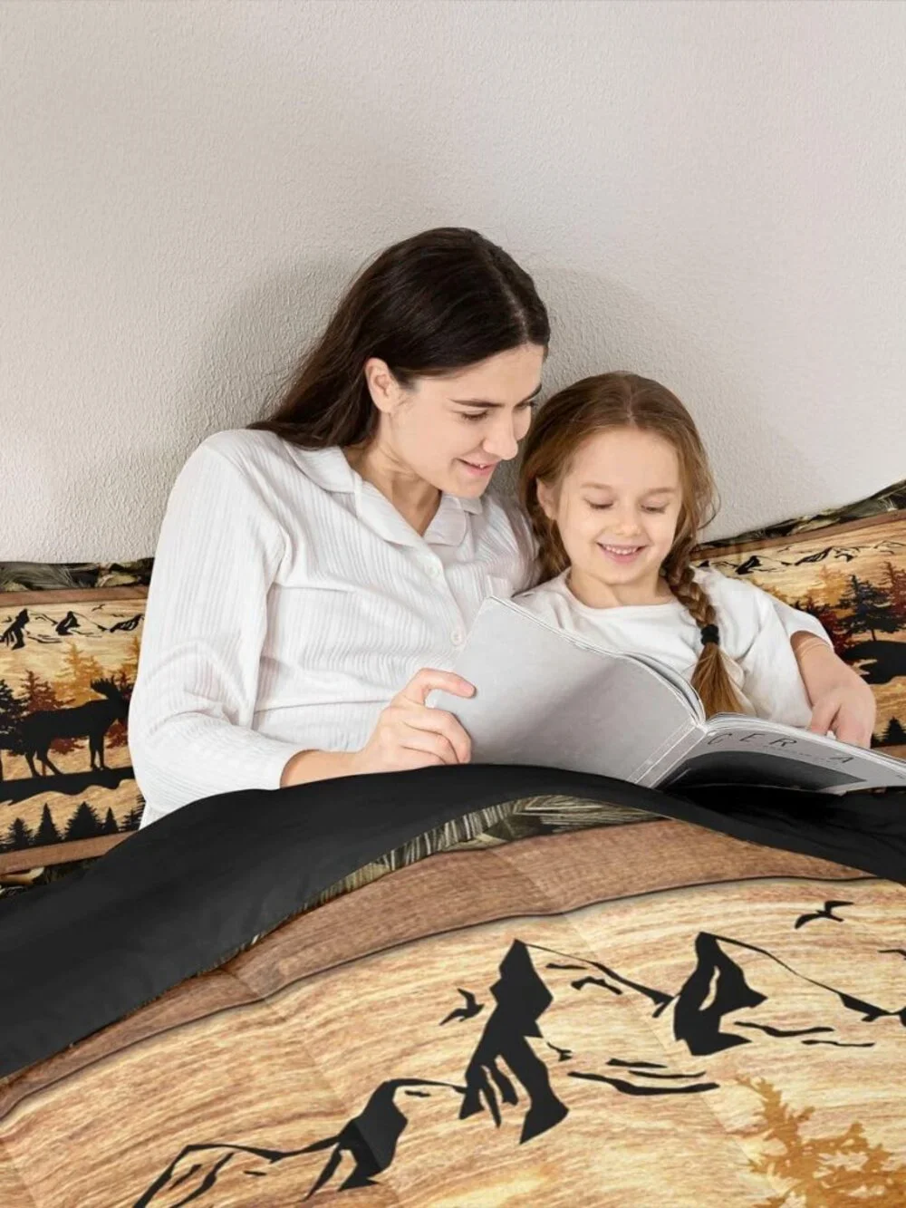 Jungle Cabin Comforter Set,Moose Animal Pine Trees Bedding Sets for Kids Teens A